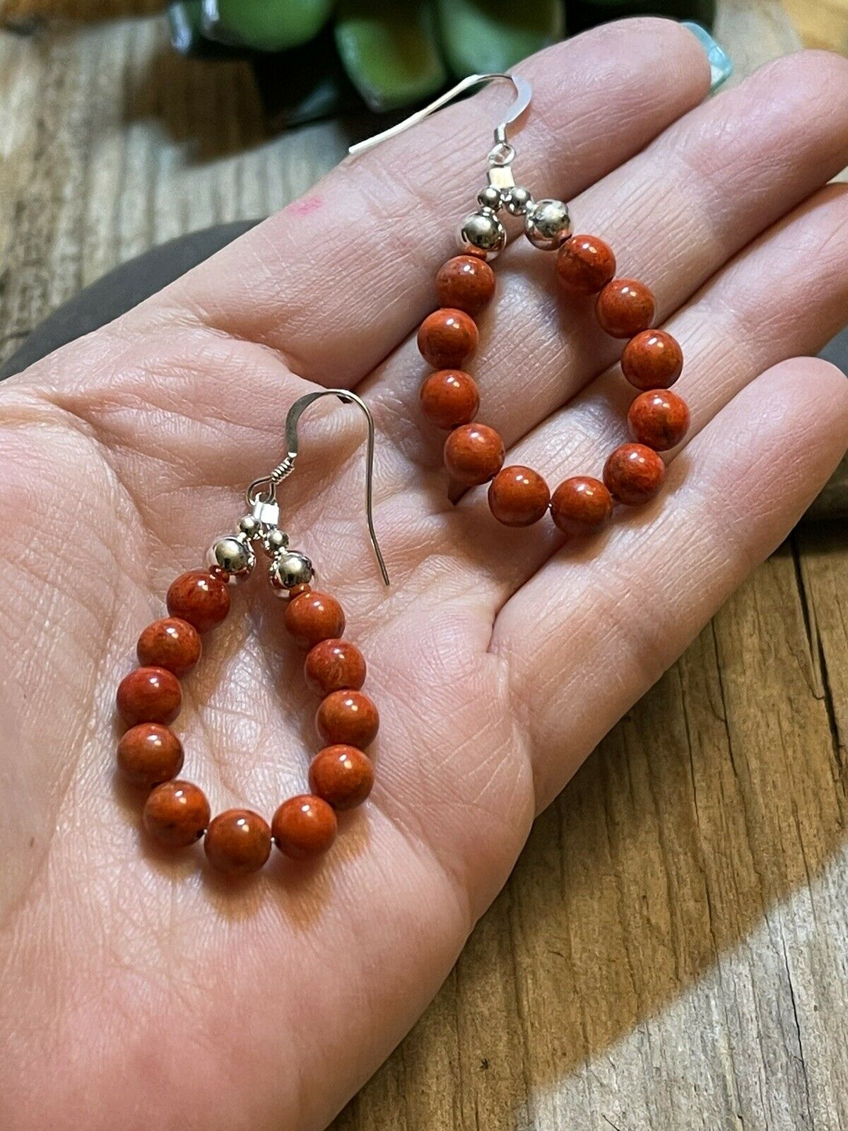 Navajo Sterling Silver Apple Coral 11 Beaded Dangle Earrings