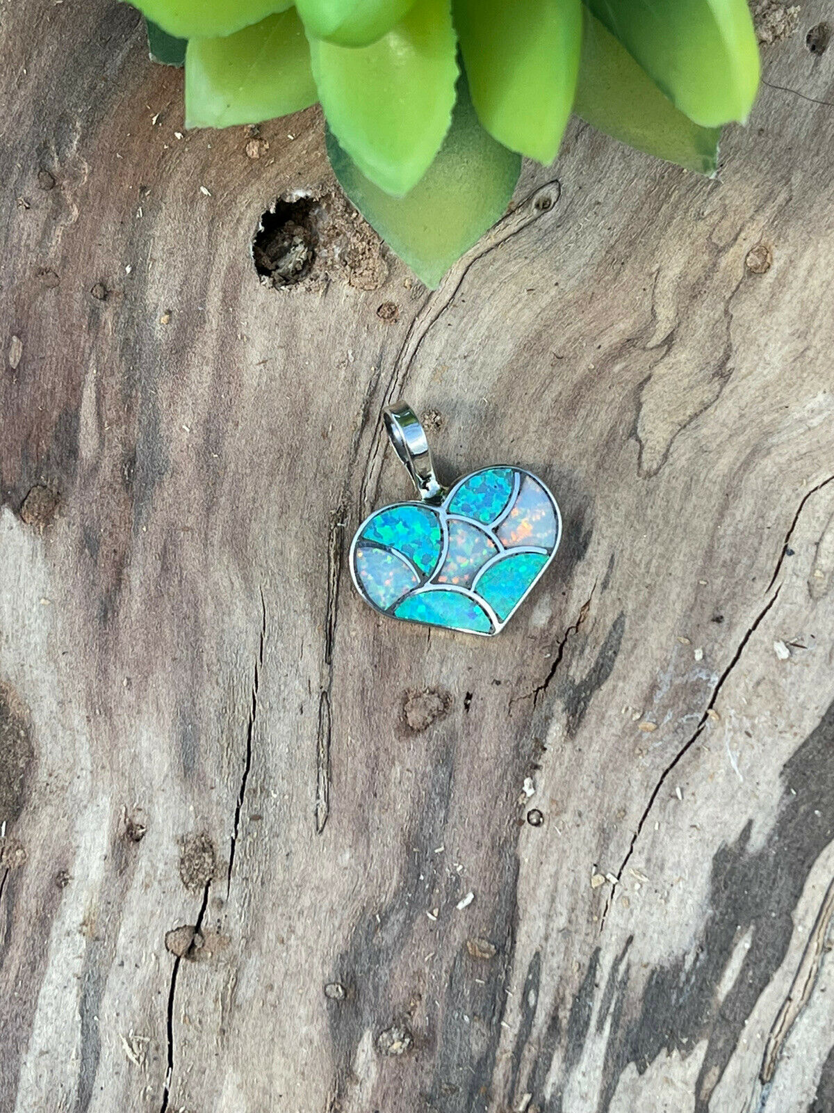 Zuni Iridescent Blue / White  Opal & Sterling Silver Heart Pendant