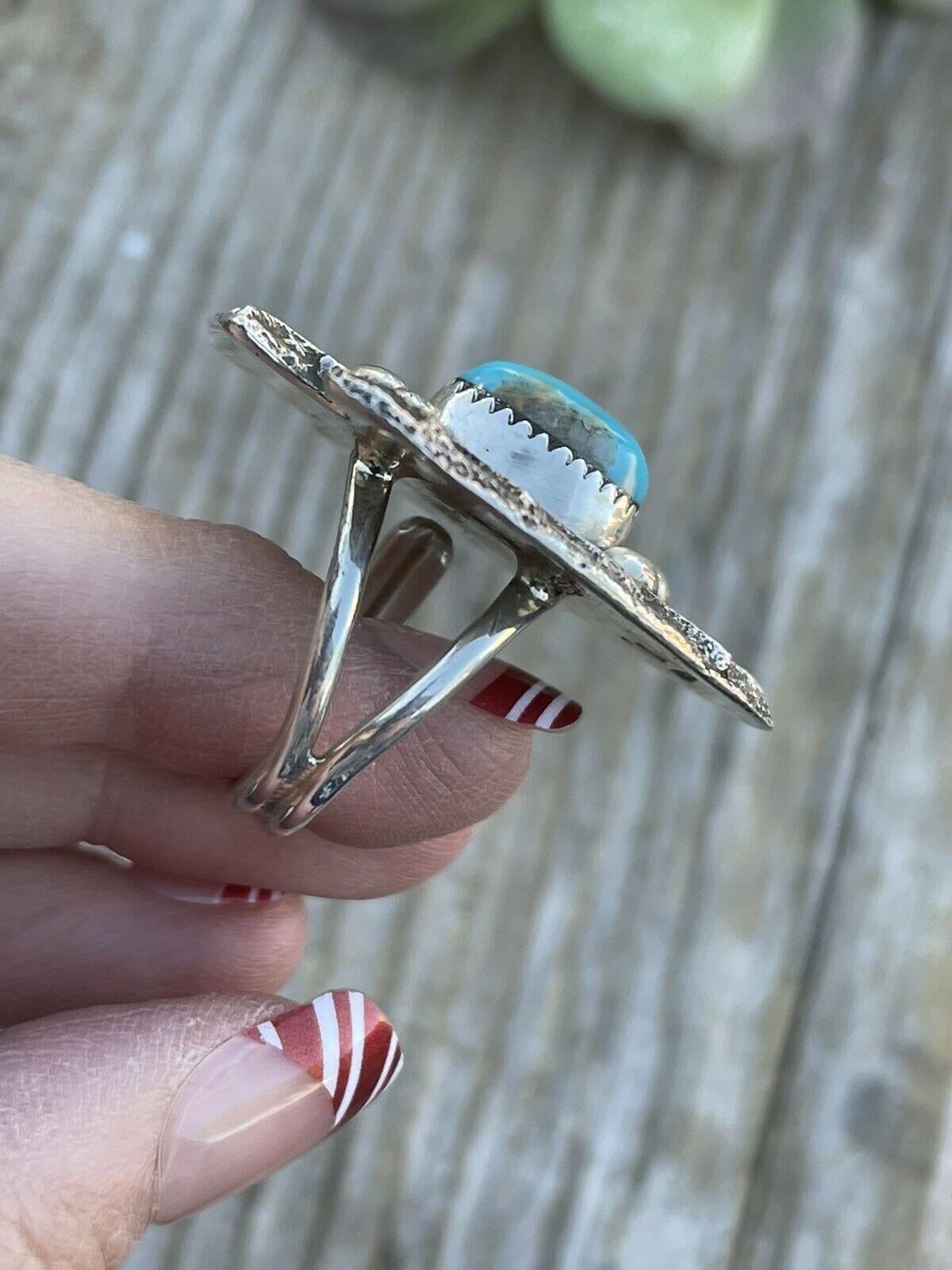 Navajo Sand Cast Arrow Turquoise Sterling Silver Ring Size 9 Signed