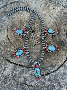 Navajo Sterling Kingman Turquoise Natural Red Coral Necklace Taos Collection