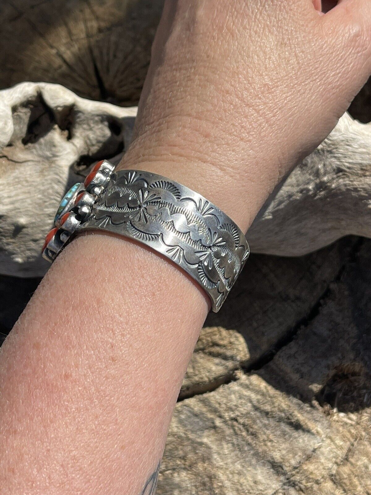 Navajo Sterling Kingman Web Turquoise & Red Coral Taos Bracelet Cuff