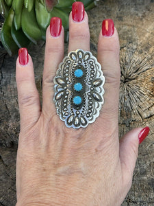 Navajo 3 Stone Turquoise & Sterling Silver Concho Ring Adjustable Signed L.Tahe