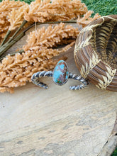 Load image into Gallery viewer, Navajo Hand Stamped Sterling Silver &amp; Royston Turquoise Cuff Bracelet