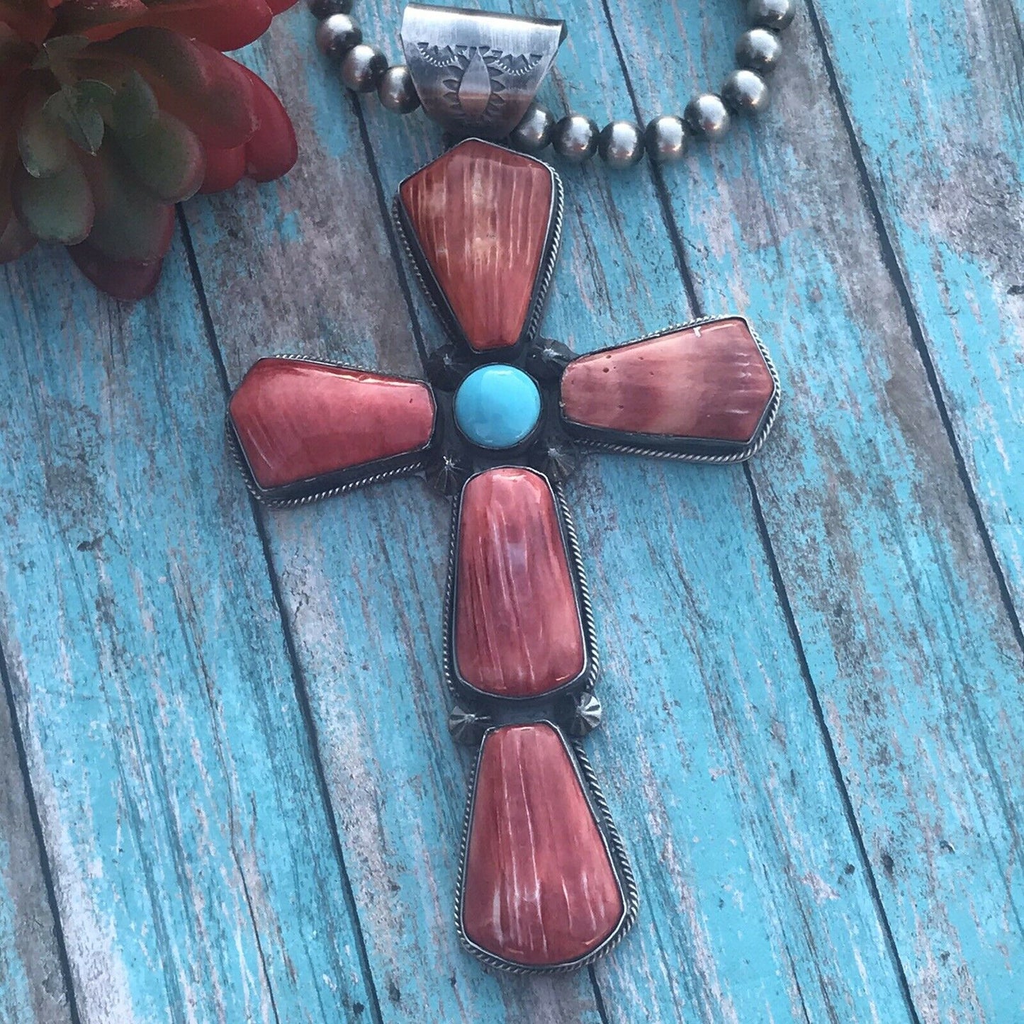 Navajo Sterling Silver Turquoise Spiny Statement Cross Pendant Signed