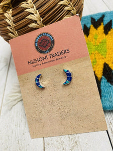 Zuni Sterling Silver And Azurite Inlay Moon Stud Earrings