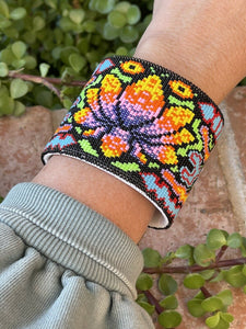 Navajo Handmade Beaded Flower Lotus Cuff Bracelet