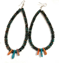 Load image into Gallery viewer, Navajo Turquoise &amp; Spiny Oyster Beaded Dangle Hoop Earrings