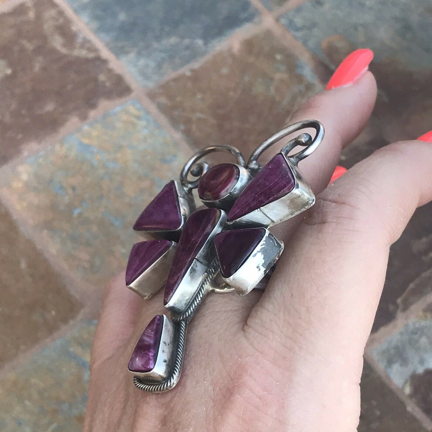 Navajo Sterling Silver Purple Spiny Oyster Dragonfly Ring Sz 6.5