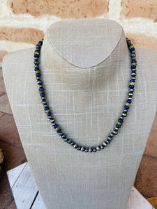Navajo Lapis, Gaspeite And Sterling Silver Navajo Pearl Beaded Necklace