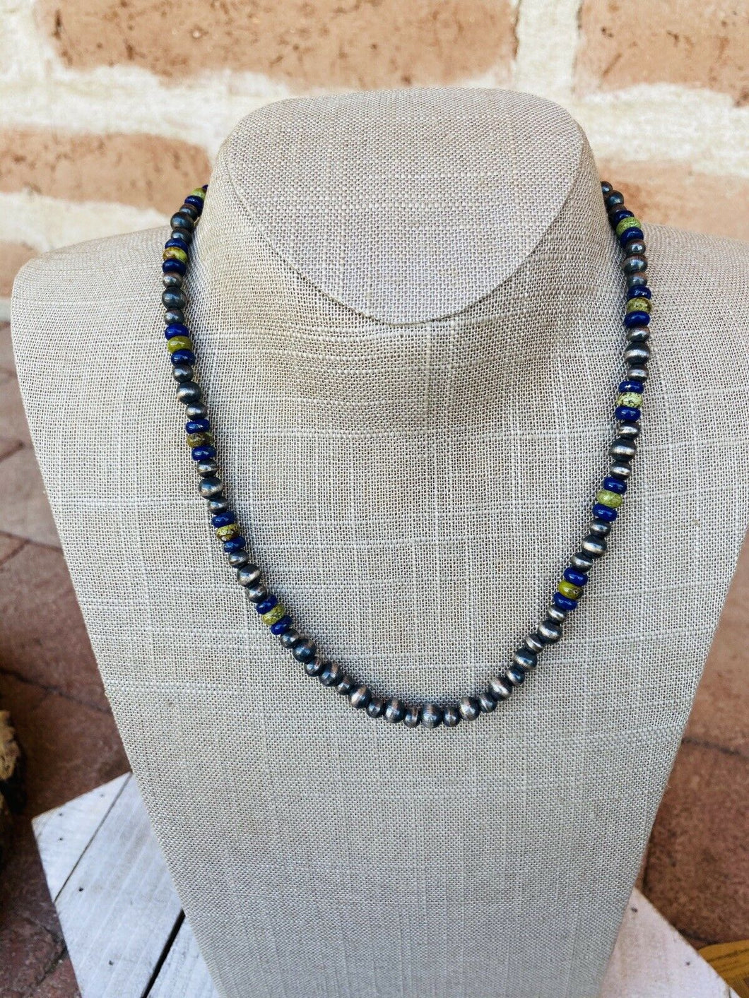 Navajo Lapis, Gaspeite And Sterling Silver Navajo Pearl Beaded Necklace