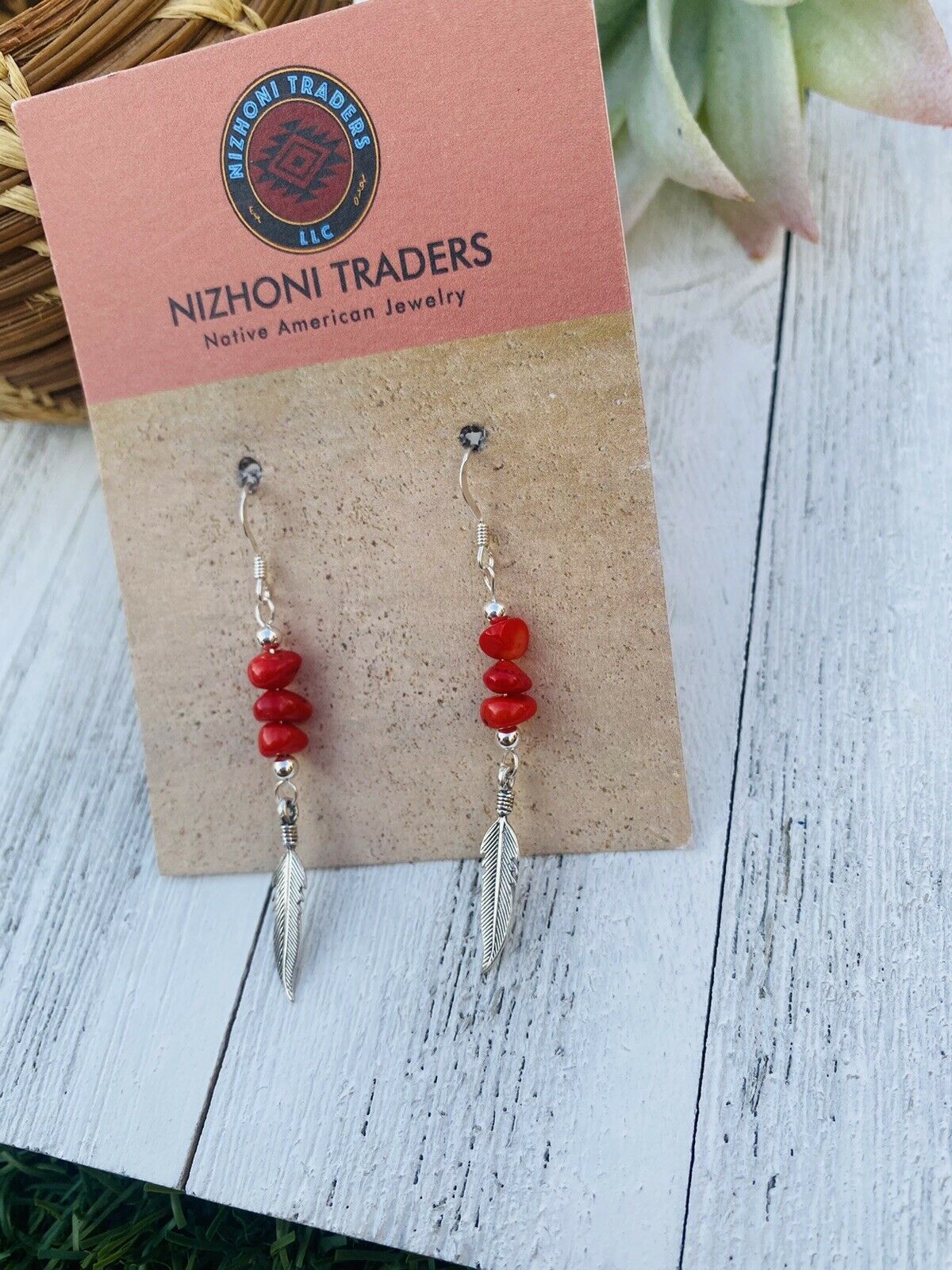 Navajo Coral & Sterling Silver Feather Dangle Earrings