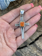 Load image into Gallery viewer, Navajo Sterling Silver &amp; Orange Spiny Shell  Cross Pendant Signed