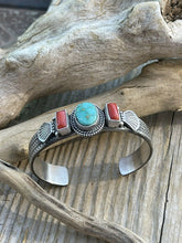 Load image into Gallery viewer, Navajo Sterling Silver Red Coral &amp; Turquoise Bracelet Signed M &amp; R Calladitto