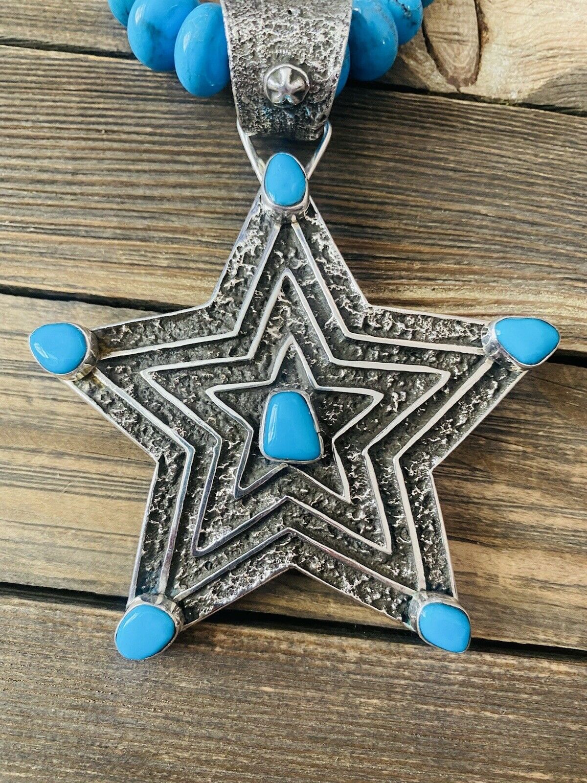 Navajo Turquoise & Sterling Silver Tufa Cast Star Beaded Necklace