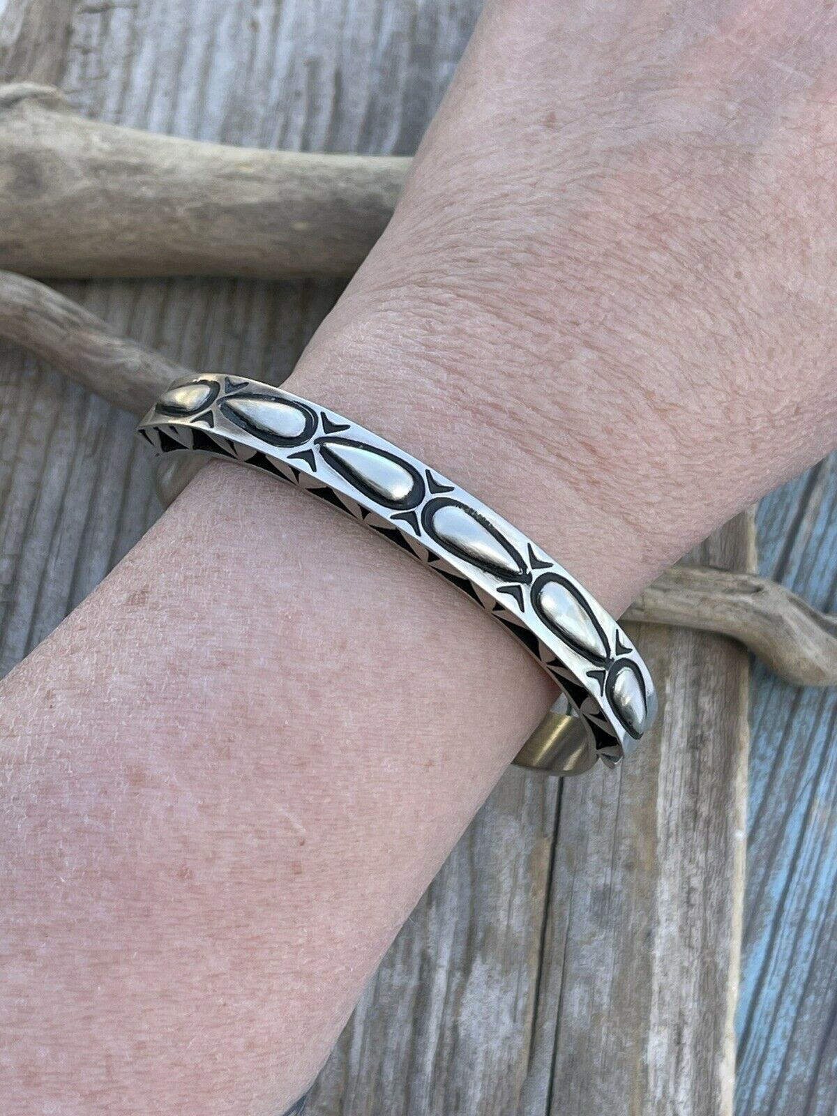 Leander Tahe Hand Stamped Sterling Navajo Bracelet Signed