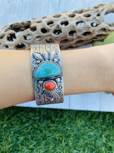 Load image into Gallery viewer, Vintage Navajo Turquoise, Coral &amp; Sterling Silver Cuff Bracelet By Sheila Tso