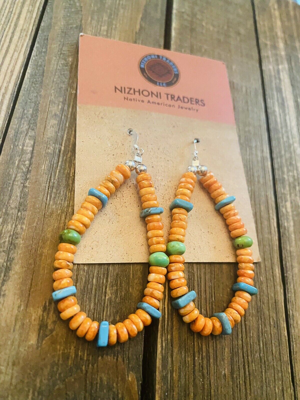 Navajo Spiny, Turquoise, Gaspeite And Sterling Silver Beaded Dangle Earrings