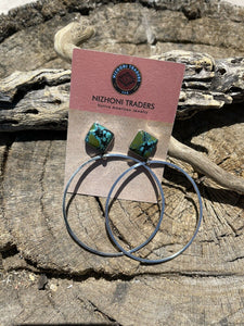 Navajo Tibetan Turquoise & Sterling Silver Dangle Hoop Earrings