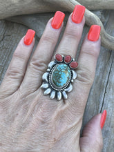 Load image into Gallery viewer, Navajo Sterling Kingman Web Turquoise &amp; Red Coral Taos Collection Ring Sz 6.5