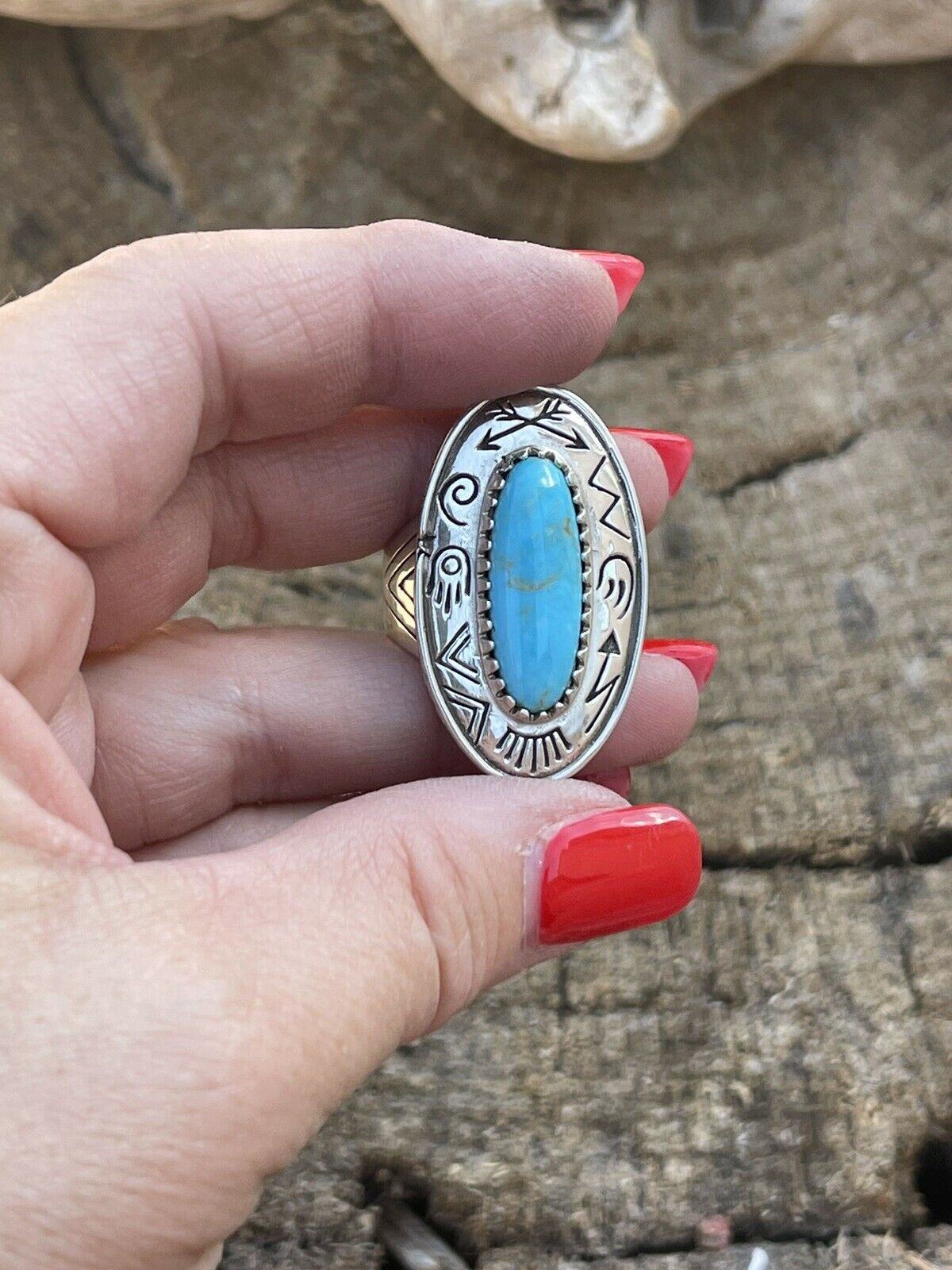 Navajo Sterling Silver Turquoise Southwest Stamped Oval Ring Sz 8.5