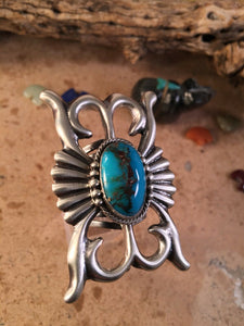 Russell Sam Navajo Sterling Silver & Royston Turquoise Hand Stamped Ring Size 9.