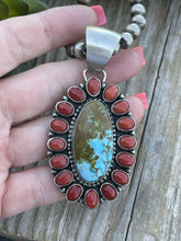 Load image into Gallery viewer, Navajo Sterling Silver Kingman Web Turquoise &amp; Red Coral Taos Cluster Pendant