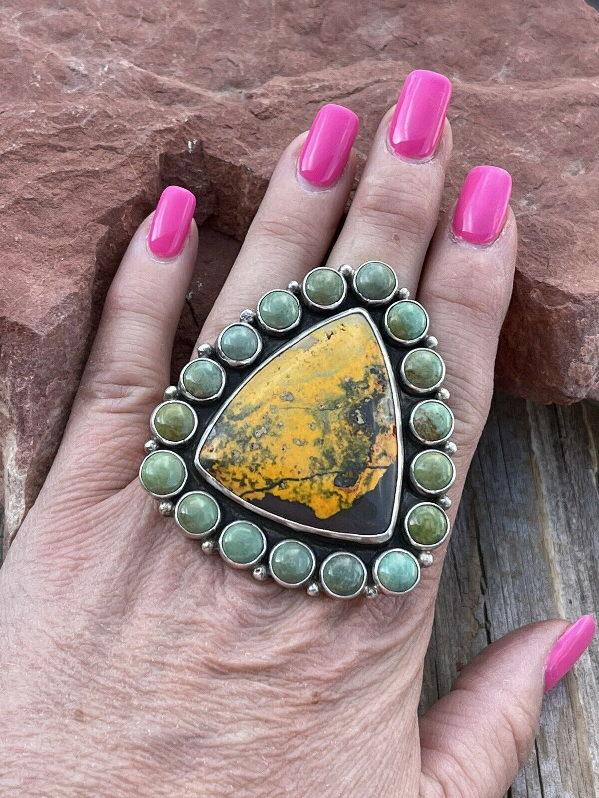 Navajo Turquoise & Bumble Bee Cluster Jumbo Ring Size 7