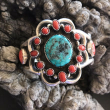 Load image into Gallery viewer, Navajo  Sterling Statement Kingman Turquoise &amp; Natural Red Coral Bracelet Cuff