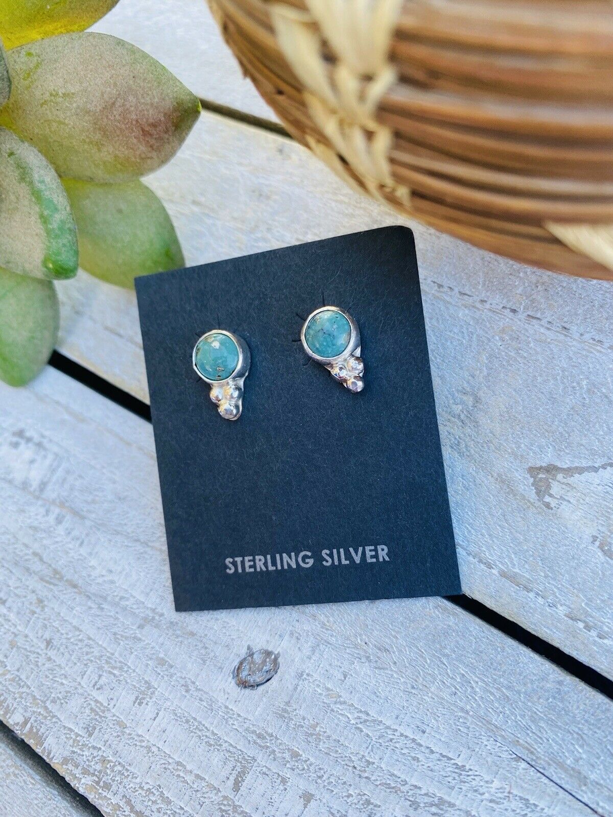 Navajo Sterling Silver And Turquoise Stud Earrings Signed