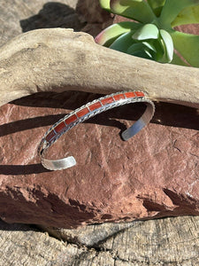 Navajo Sterling Silver & Red Coral Cuff Bracelet Signed