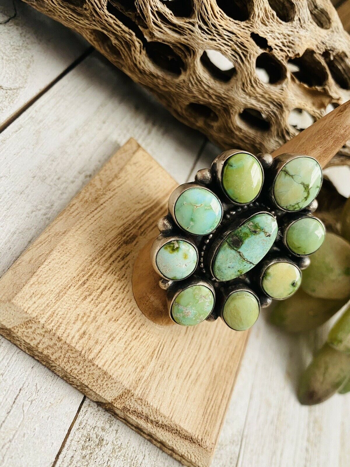 Navajo Sonoran Gold Turquoise & Sterling Silver Cluster Ring Size 7 Signed