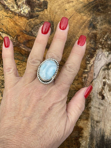 Navajo Larimar Sterling Silver Southwest Rope Style Ring Size 8.5
