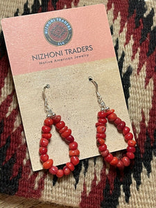 Navajo Sterling Silver Bead Apple Coral Dangle 2 Inch Long Hoop Earrings