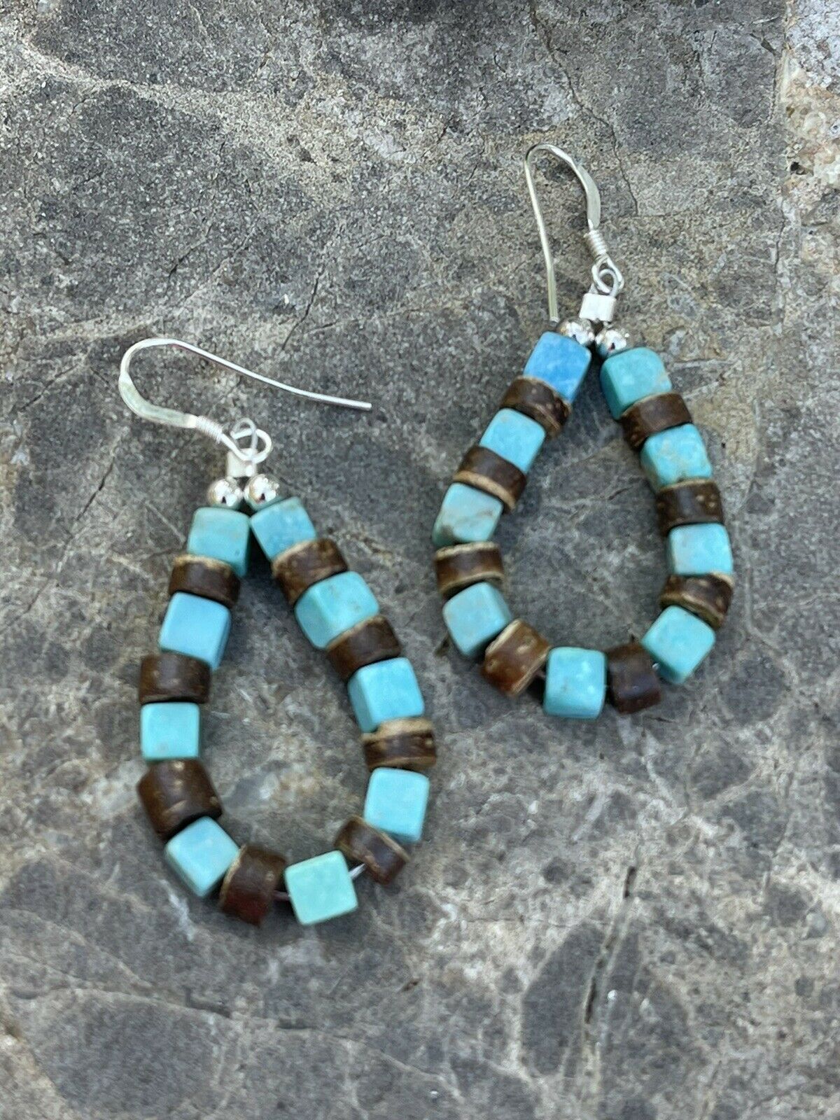 Navajo Turquoise & Jasper Sterling Silver Beaded Dangle Hoop Earrings