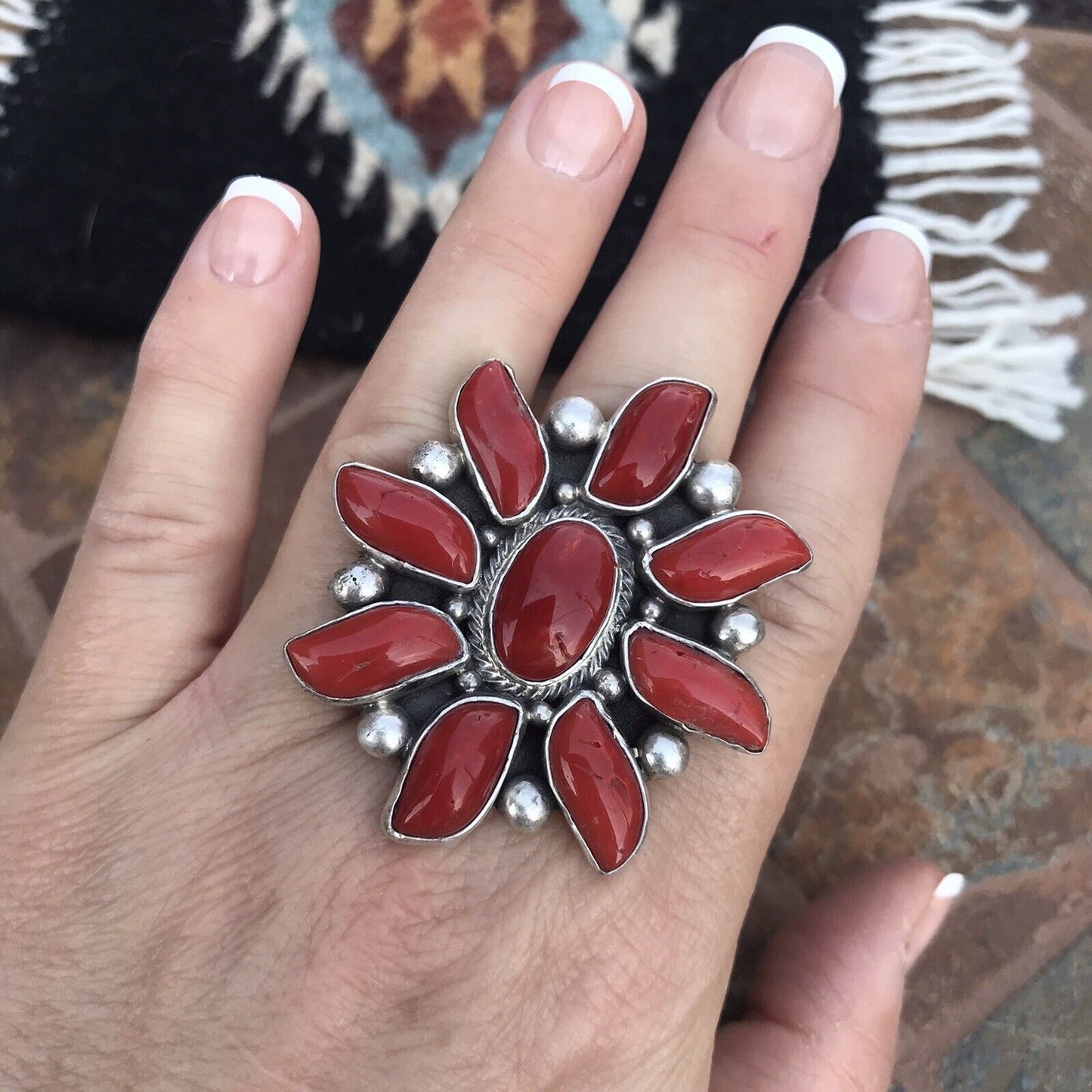 Navajo Sterling Silver Natural Red Coral Cluster Ring Lorenzo James