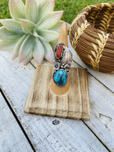 Load image into Gallery viewer, Navajo Turquoise, Coral &amp; Sterling Silver Ring Size 5.5