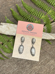 Navajo Sterling Silver & White Buffalo 2 Stone Rope Dangle Earrings