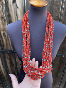 Navajo Sterling Silver Natural Coral & Turquoise 15 Strand Bead Necklace