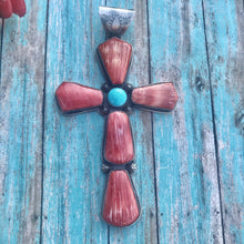 Load image into Gallery viewer, Navajo Sterling Silver Turquoise Spiny Statement Cross Pendant Signed