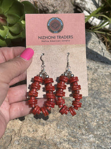 Navajo Sterling Silver Double Bead Apple Coral Dangle Hoop Earrings