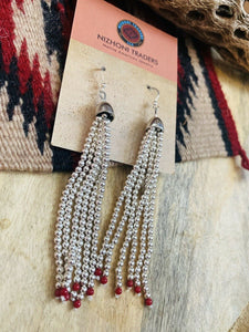 Navajo Coral & Sterling Silver Beaded Tassel Dangle Earrings