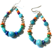 Load image into Gallery viewer, Navajo Sterling Silver Turquoise Multi Stone Beaded Hoop Dangle Earrings