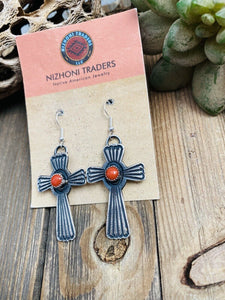 Navajo Coral & Sterling Silver Cross Dangle Earrings By Kevin Billah