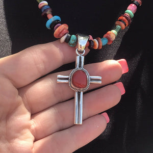 Navajo Sterling Silver Natural Red Coral Statement Cross Pendant Signed
