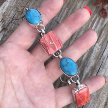 Load image into Gallery viewer, Navajo Turquoise &amp; Orange Spiny Oyster Sterling Silver Link Bracelet Signed