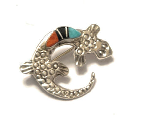 Navajo Sterling Silver Turquoise, Onyx and Spiny Stone Lizard Pendant Pin Signed