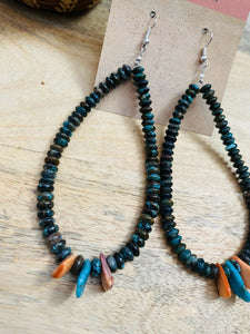 Navajo Turquoise & Spiny Oyster Beaded Dangle Hoop Earrings