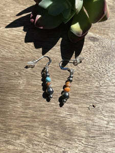 Navajo Sterling Silver Pearl, Turquoise & Spiny Spice Beaded Earrings