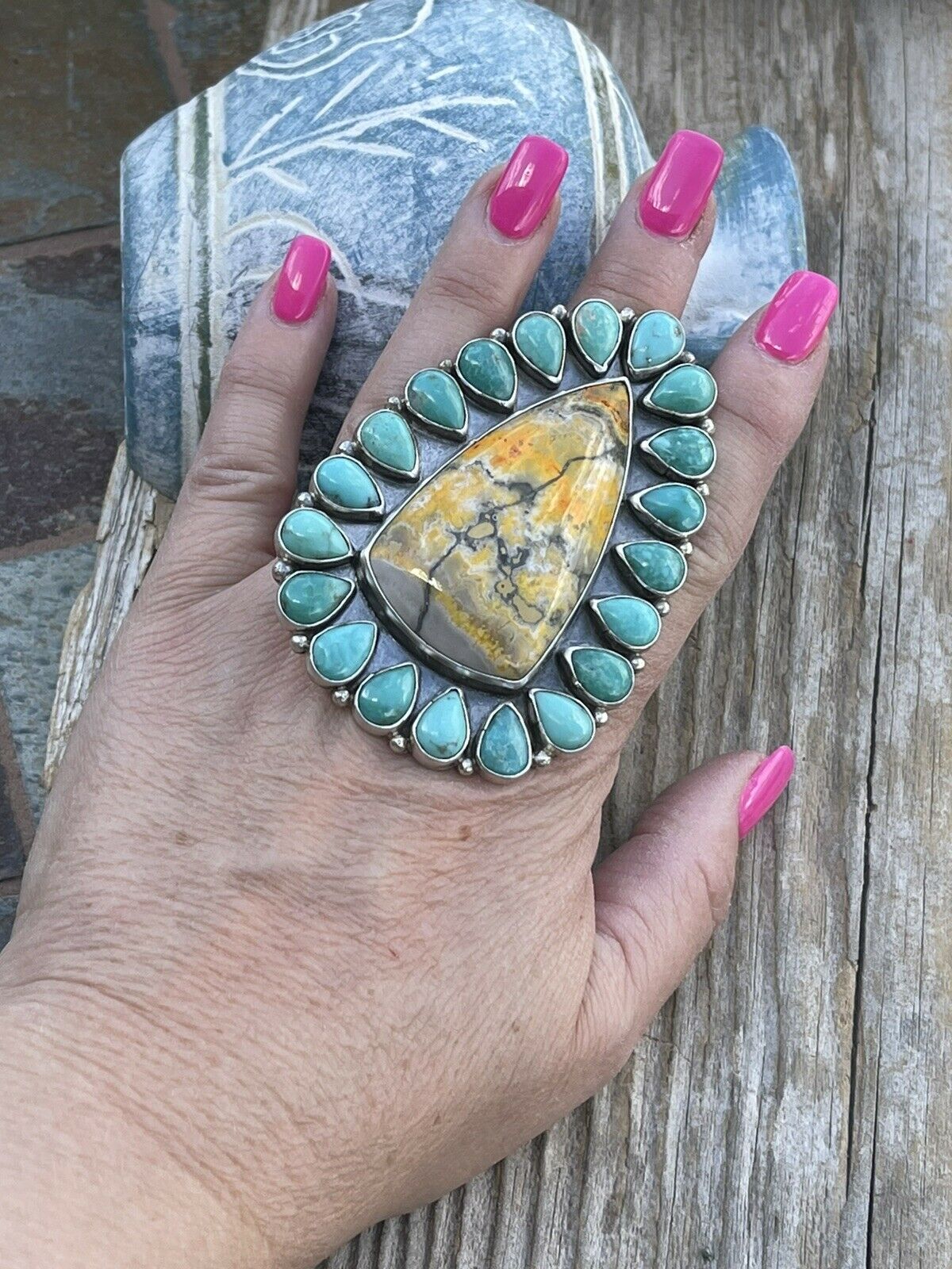 Navajo Sterling Bumblebee and Turquoise Stone Ring Sz 9.5