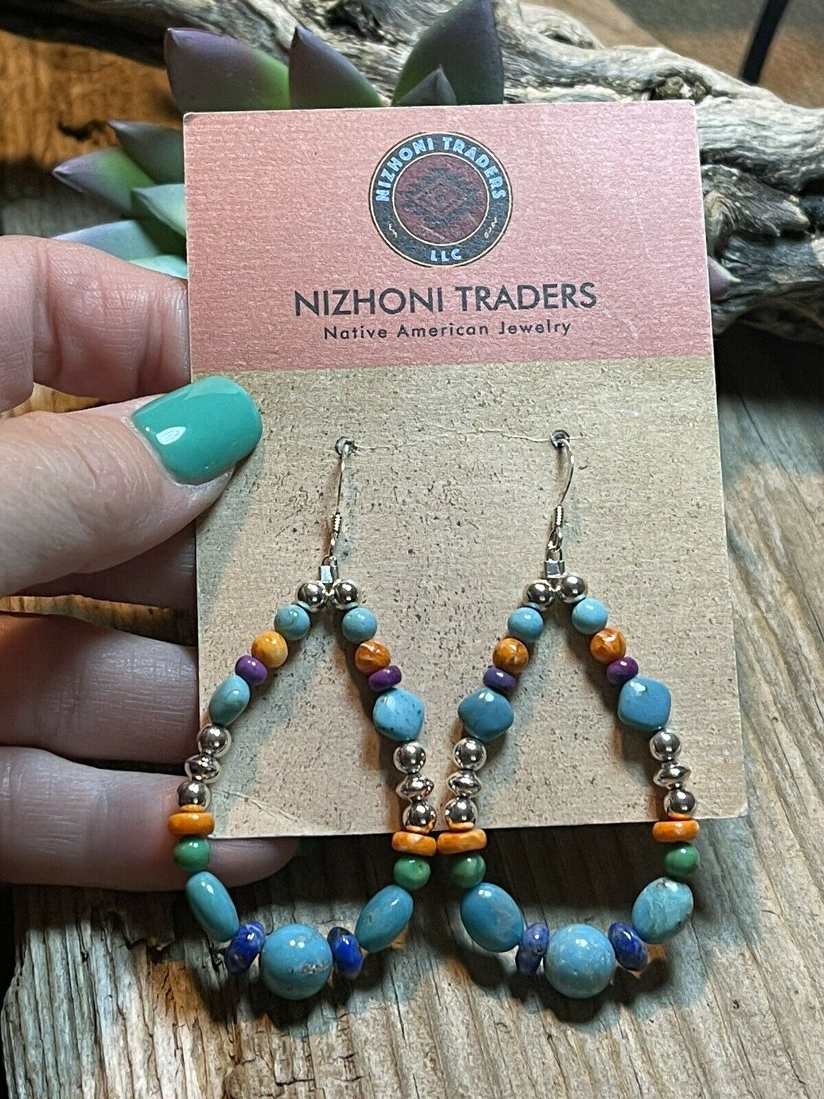 Navajo Sterling Silver Turquoise Multi Stone Beaded Hoop Dangle Earrings